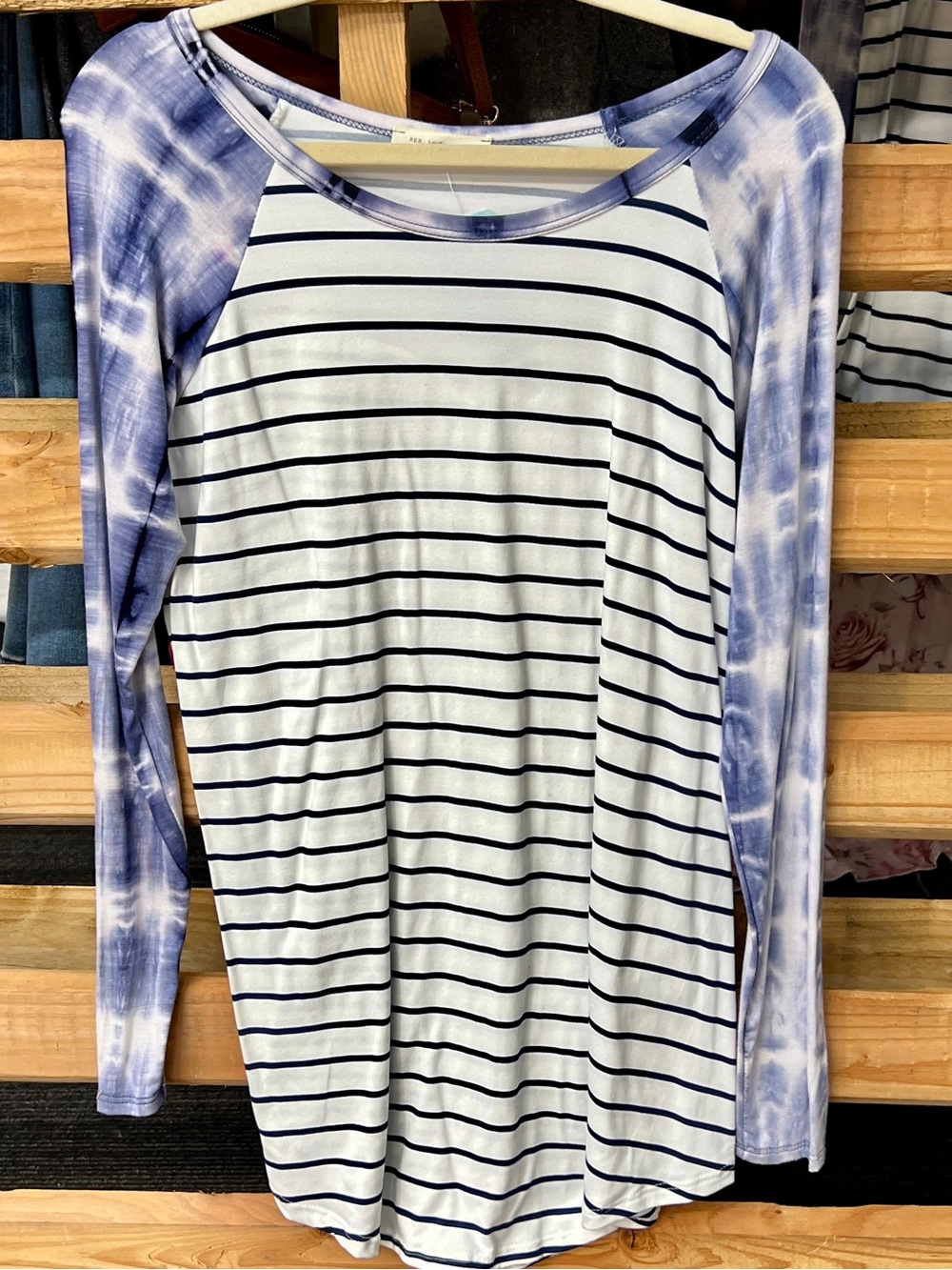 Reborn J Navy Stripe Raglan Tee with Lavender Tie-Dye Sleeves